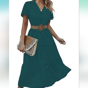 Dokuritu Women Button Down Collar V Neck Casual Dress Summer Short Sleeve Tiered